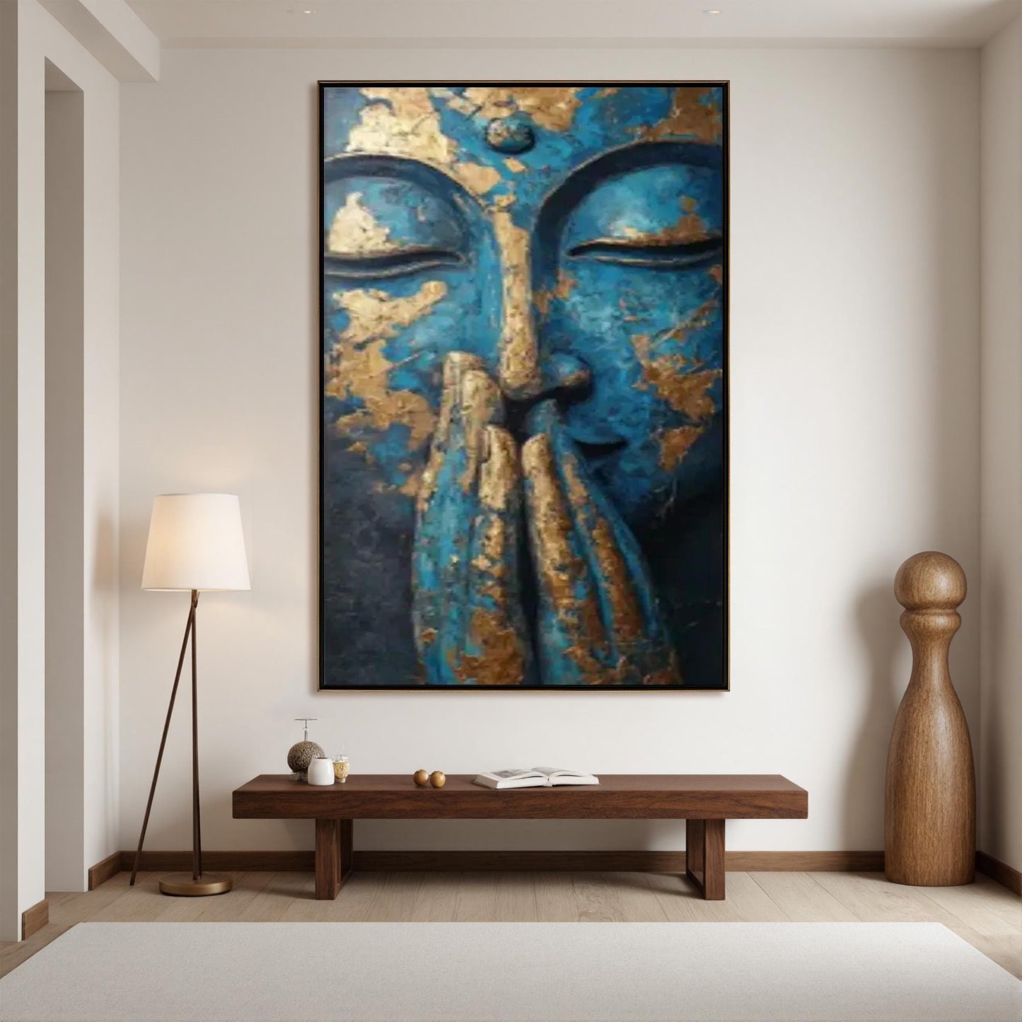 Textured Blue Buddha Painting – Blue and Gold Botanical Leaf Wall Art | Textured Painting, view 5