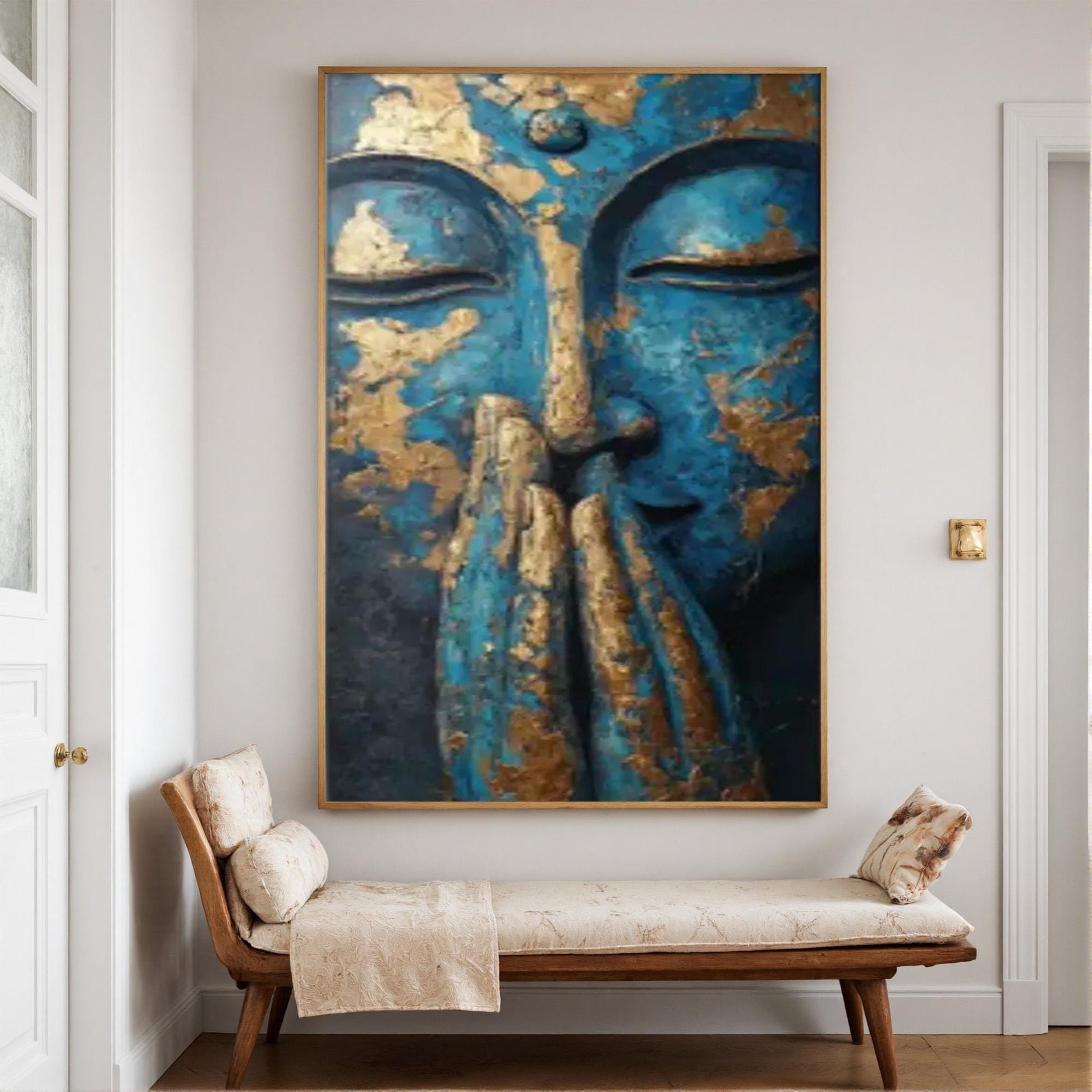 Textured Blue Buddha Painting – Blue and Gold Botanical Leaf Wall Art | Textured Painting, view 4