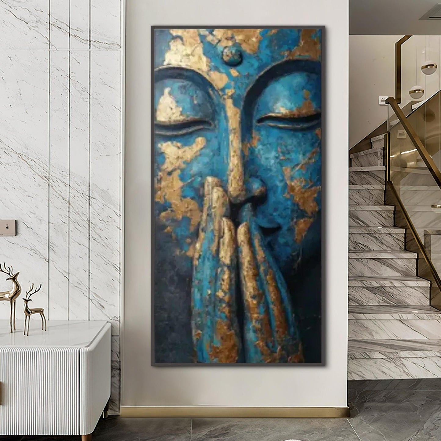Textured Blue Buddha Painting – Blue and Gold Botanical Leaf Wall Art | Textured Painting, view 1