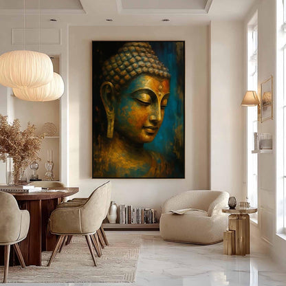 Blue and Gold Textured Figure Portrait Wall Art – Golden-Blue Buddha Portrait