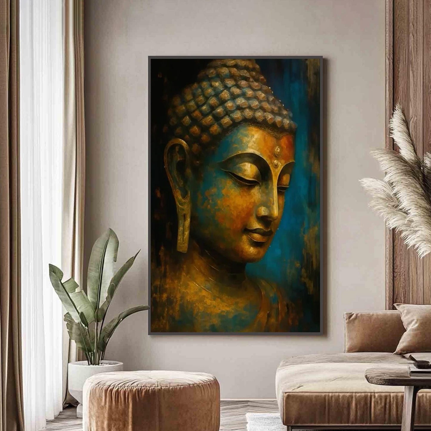 Blue and Gold Textured Figure Portrait Wall Art – Golden-Blue Buddha Portrait