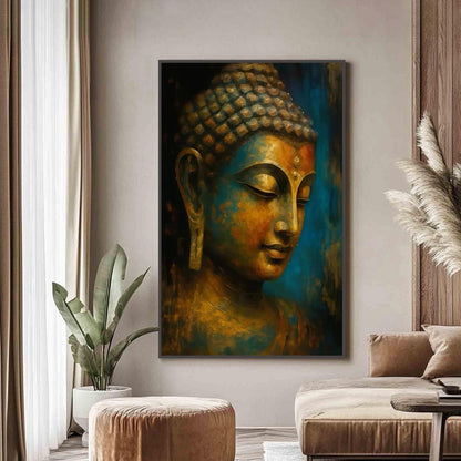 Blue and Gold Textured Figure Portrait Wall Art – Golden-Blue Buddha Portrait