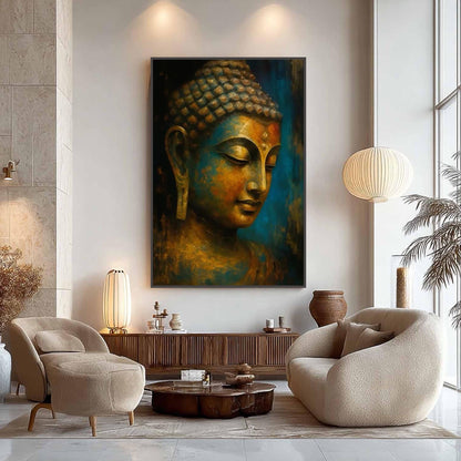 Golden-Blue Buddha Portrait – Blue and Gold Figurative Figure Portrait Wall Art | Textured Painting, view 4
