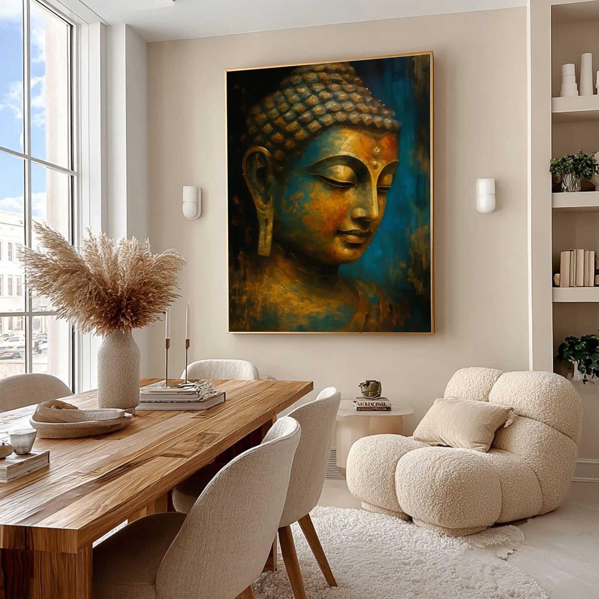 Golden-Blue Buddha Portrait – Blue and Gold Figurative Figure Portrait Wall Art | Textured Painting, view 3