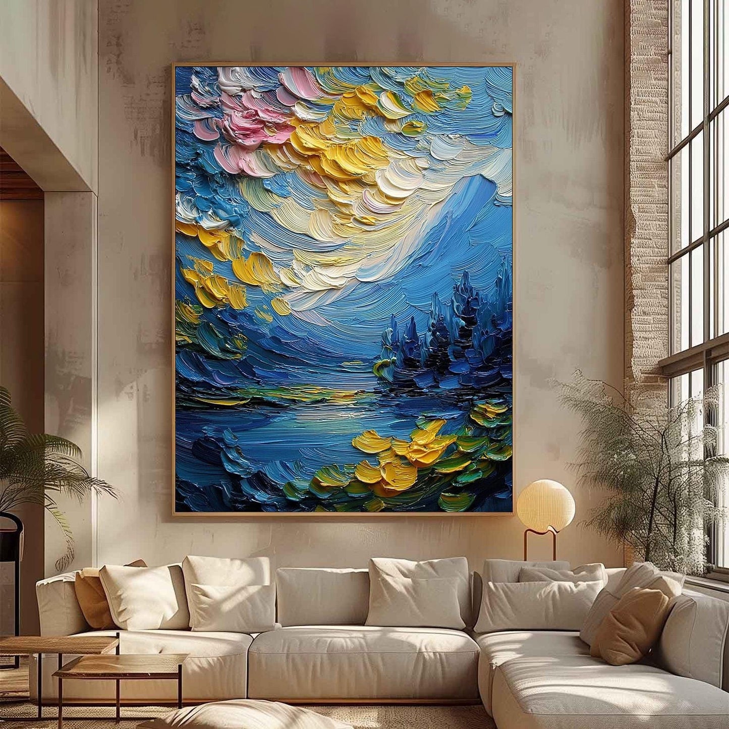 Blue and Gold Abstract Impasto Lake Landscape Wall Art