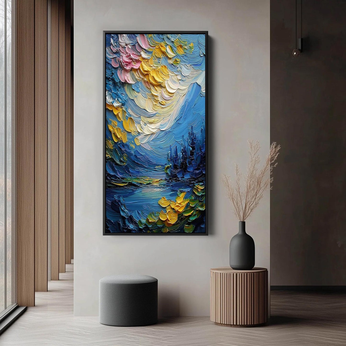 Blue and Gold Abstract Impasto Lake Landscape Wall Art