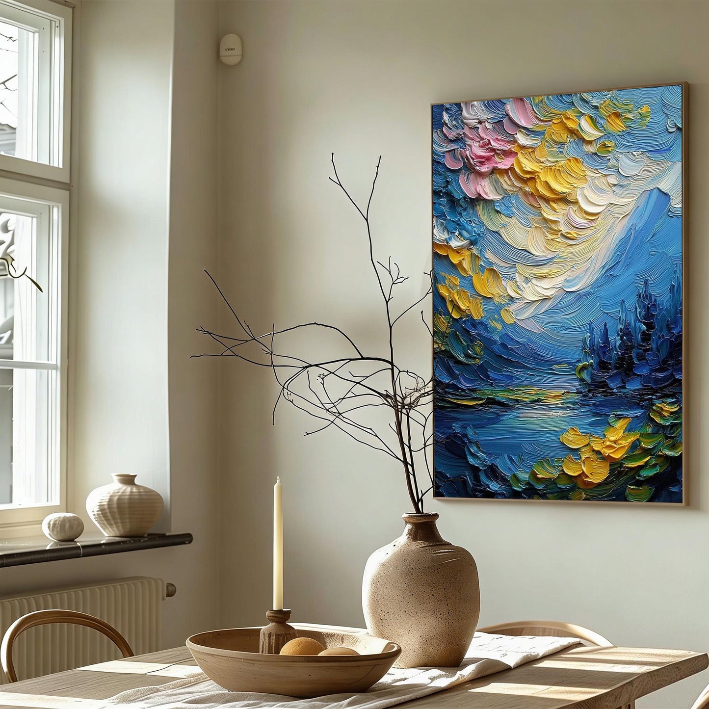 Textured Impasto Landscape Painting, Moody Blue Lake Scene, Gold Highlights, Abstract Wall Art – Blue and Gold Lake Landscape