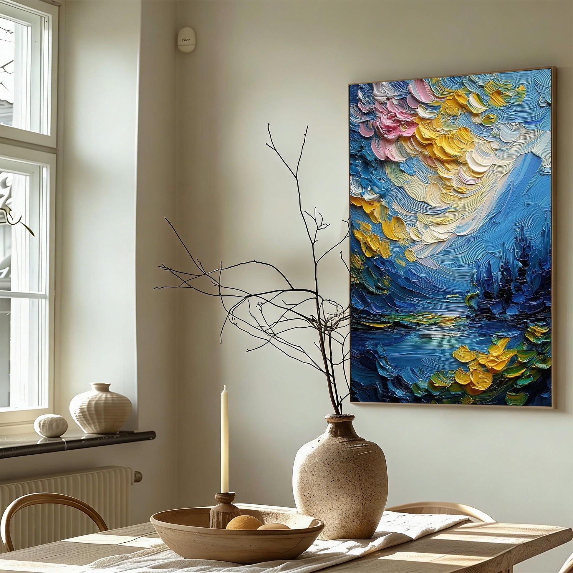 Textured Impasto Landscape Painting, Moody Blue Lake Scene, Gold Highlights, Abstract Wall Art – Blue and Gold Lake Landscape