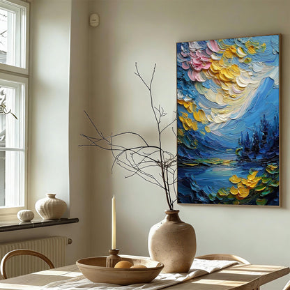 Textured Impasto Landscape Painting, Moody Blue Lake Scene, Gold Highlights, Abstract Wall Art – Blue and Gold Lake Landscape