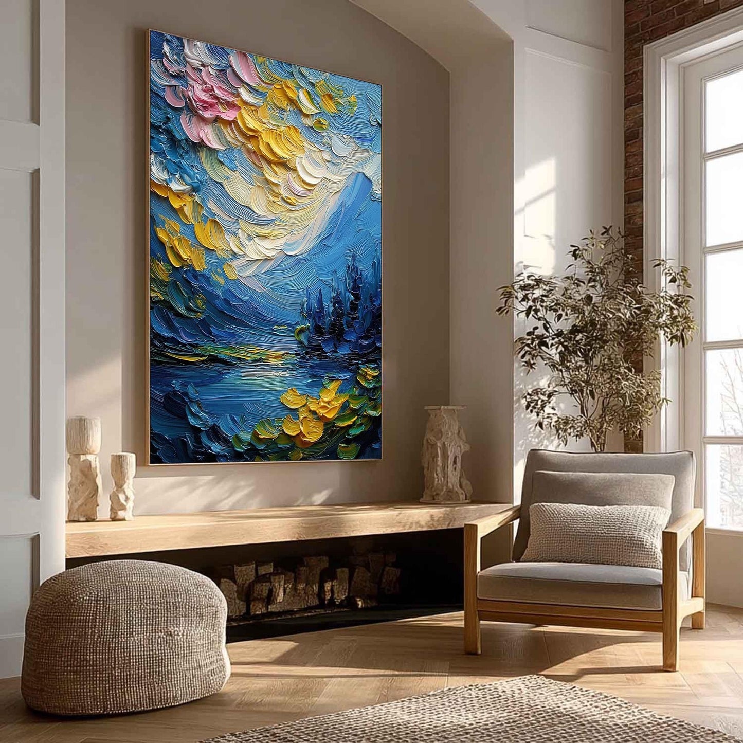 Textured Impasto Landscape Painting, Moody Blue Lake Scene, Gold Highlights, Abstract Wall Art – Blue and Gold Lake Landscape