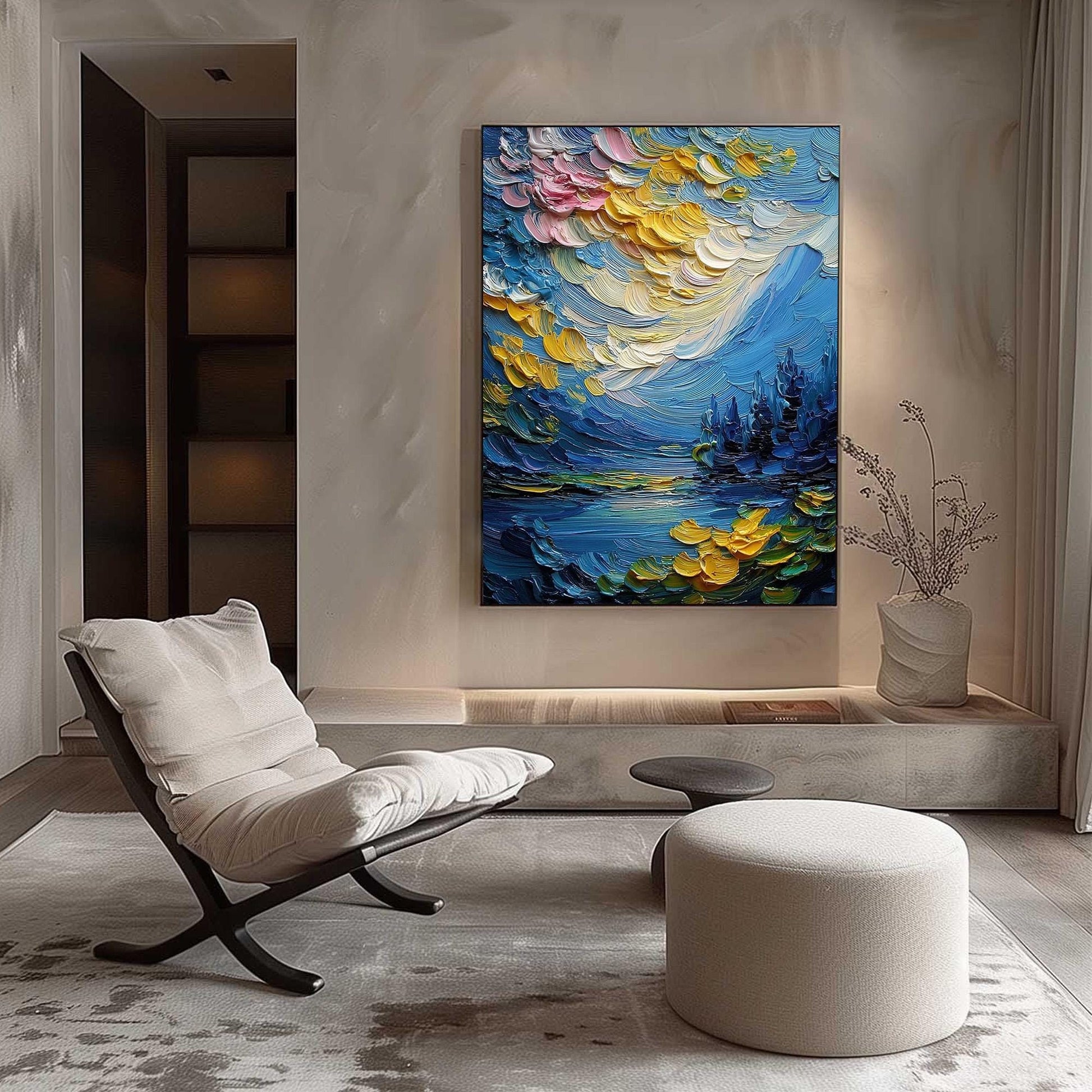 Textured Impasto Landscape Painting, Moody Blue Lake Scene, Gold Highlights, Abstract Wall Art – Blue and Gold Lake Landscape