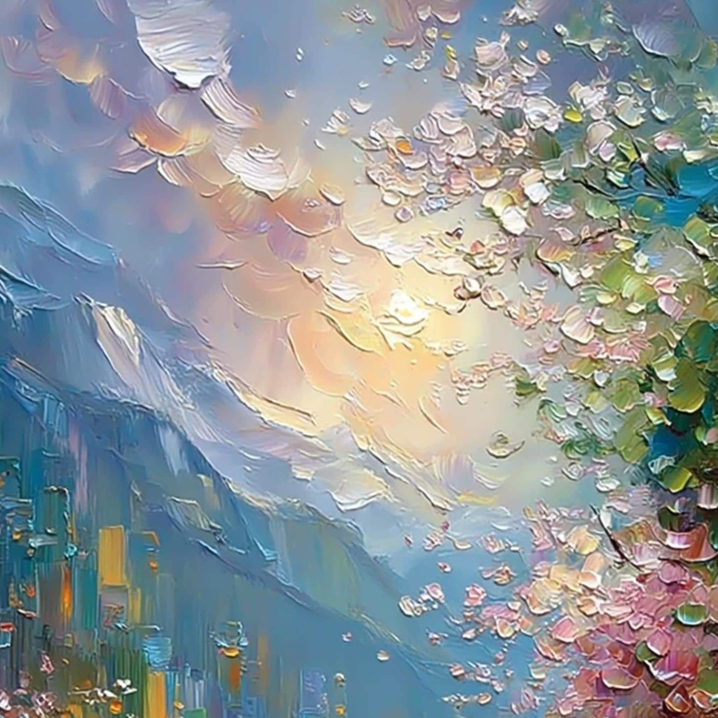 Textured Impasto Riverscape Painting, City Reflections, Blossoms, Pastel Sky Art – Colorful Celestial 3D Texture Wall Art | I