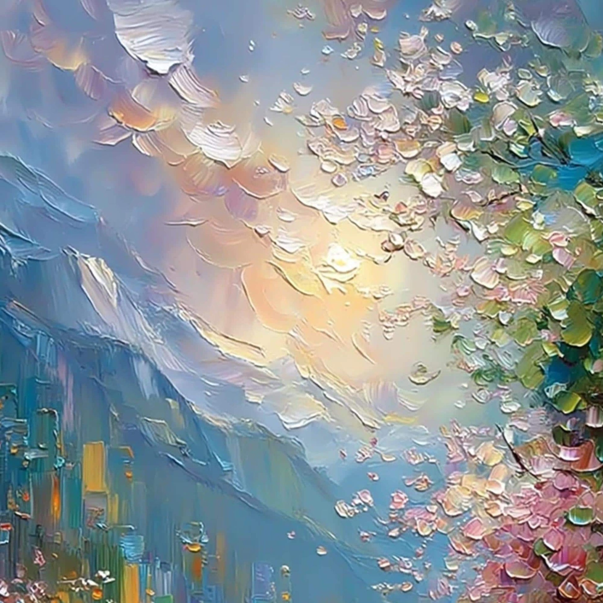 Textured Impasto Riverscape Painting, City Reflections, Blossoms, Pastel Sky Art – Colorful Celestial 3D Texture Wall Art | I