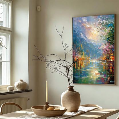 Textured Impasto Riverscape Painting, City Reflections, Blossoms, Pastel Sky Art – Colorful Celestial 3D Texture Wall Art | I