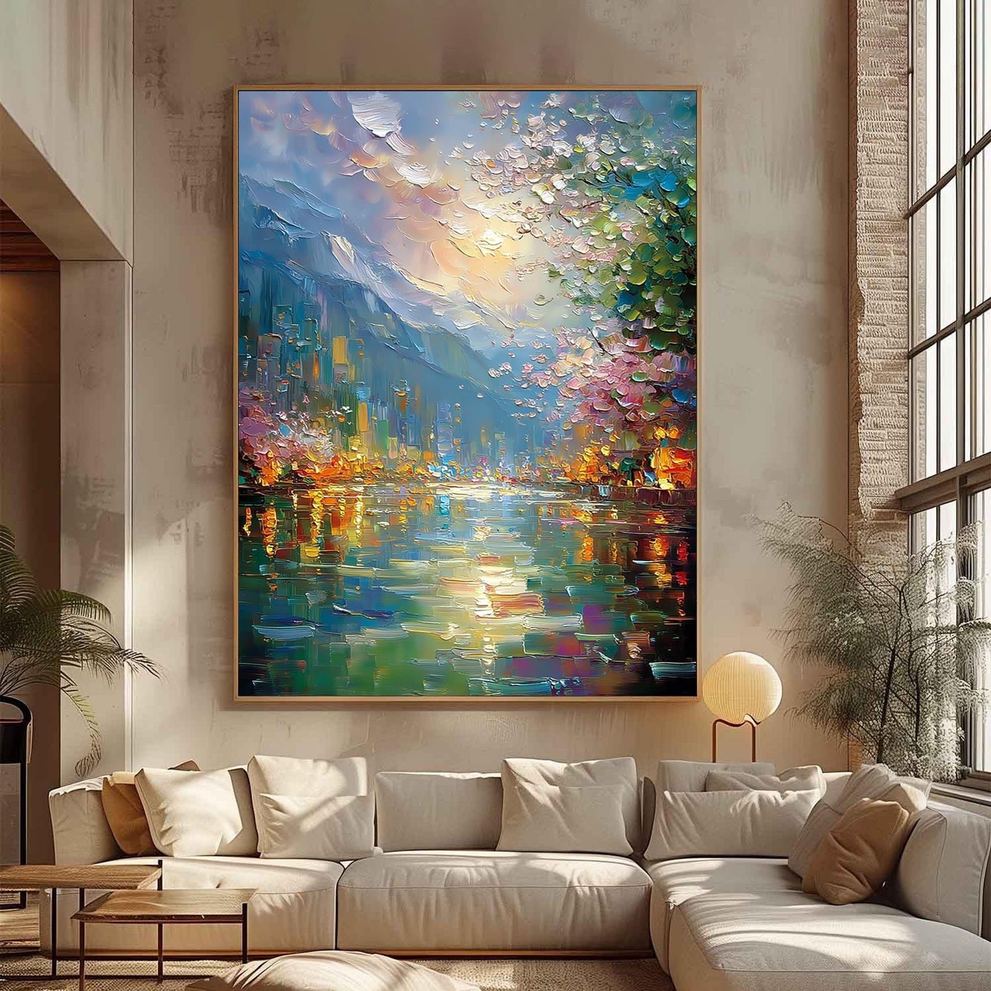 Textured Impasto Riverscape Painting, City Reflections, Blossoms, Pastel Sky Art – Colorful Celestial 3D Texture Wall Art | I