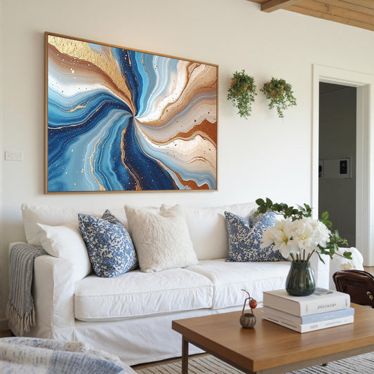 Ocean Blue Geode Abstract Painting, Fluid Swirl Canvas, Metallic Gold Speckles – Blue and Teal Ocean Wall Art | Abstract Pain