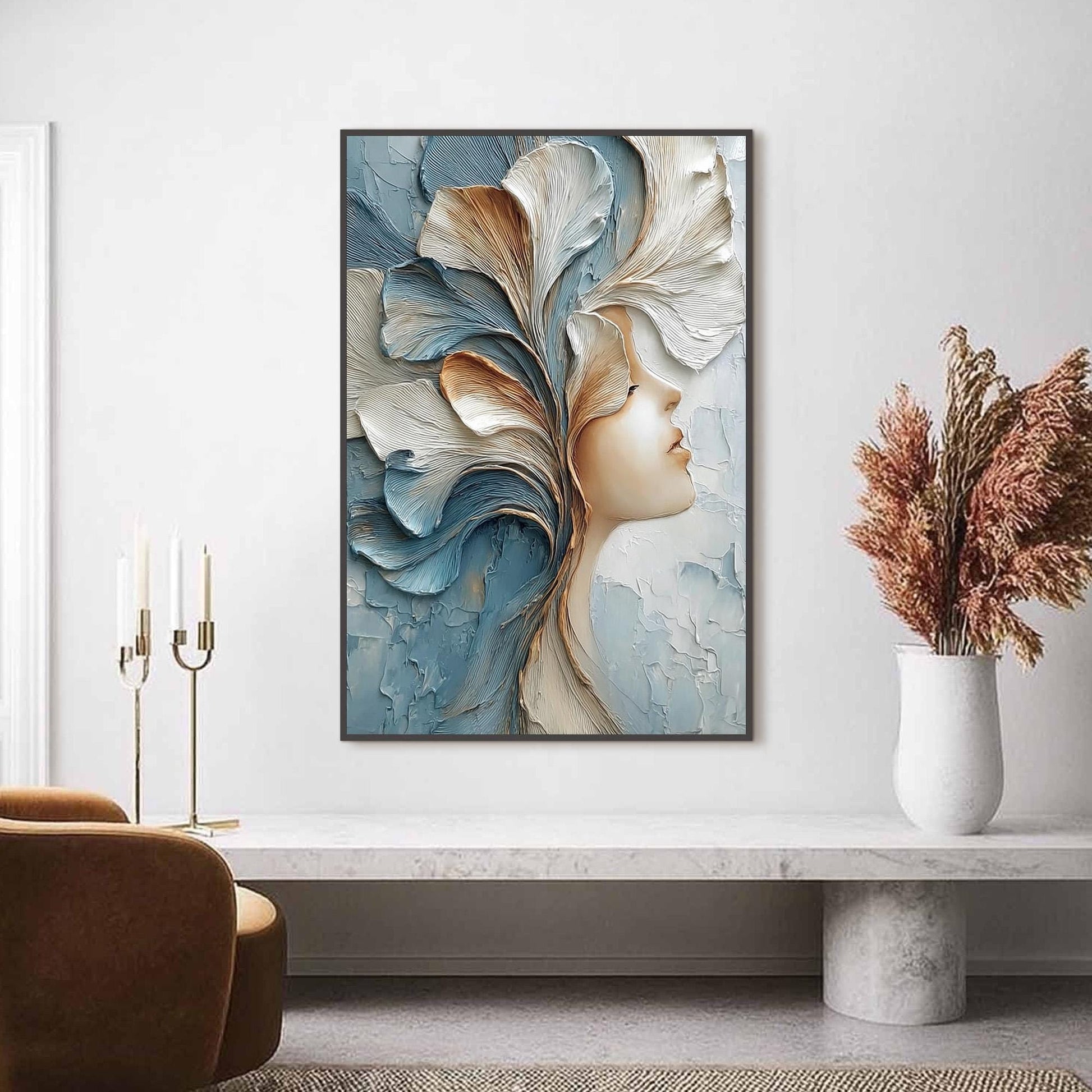 Serene Profile with Flowing Petal Headdress – Floral Wall Art | Abstract Impasto Painting, view 4