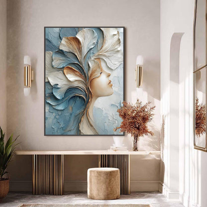 Textured Impasto Floral Wall Art – Serene Profile with Flowing Petal Headdress