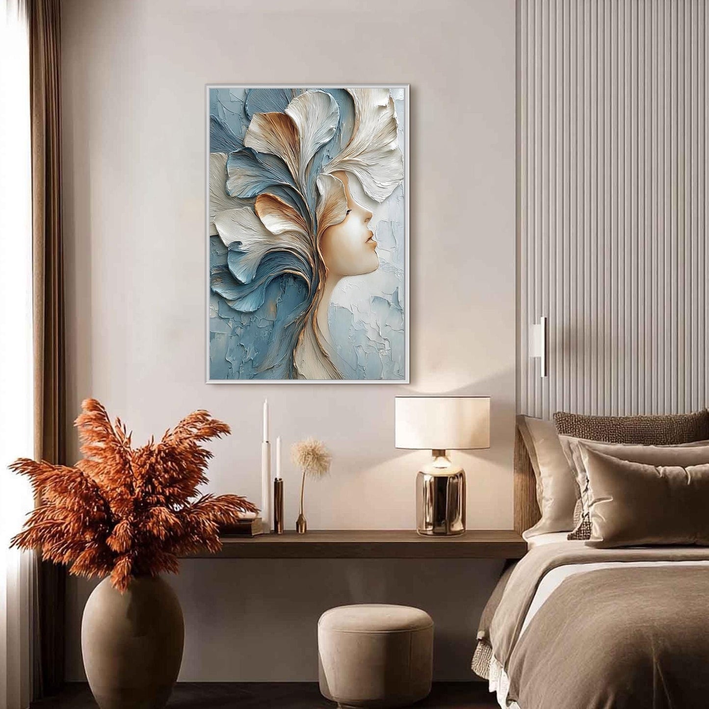 Textured Impasto Floral Wall Art – Serene Profile with Flowing Petal Headdress