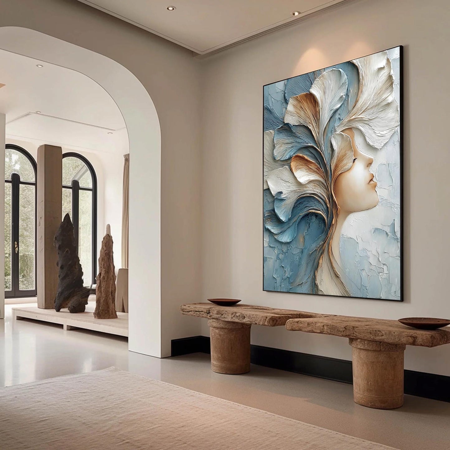 Serene Profile with Flowing Petal Headdress – Floral Wall Art | Abstract Impasto Painting, view 3