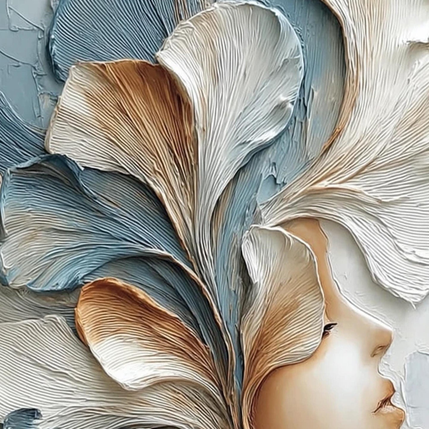 Textured Impasto Floral Wall Art – Serene Profile with Flowing Petal Headdress