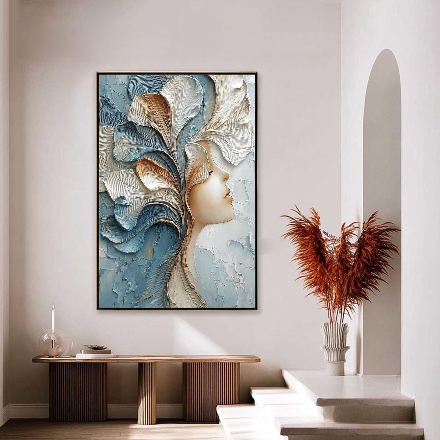 Serene Profile with Flowing Petal Headdress – Floral Wall Art | Abstract Impasto Painting, view 1