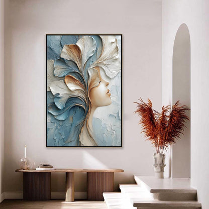 Serene Profile with Flowing Petal Headdress – Floral Wall Art | Abstract Impasto Painting, view 1