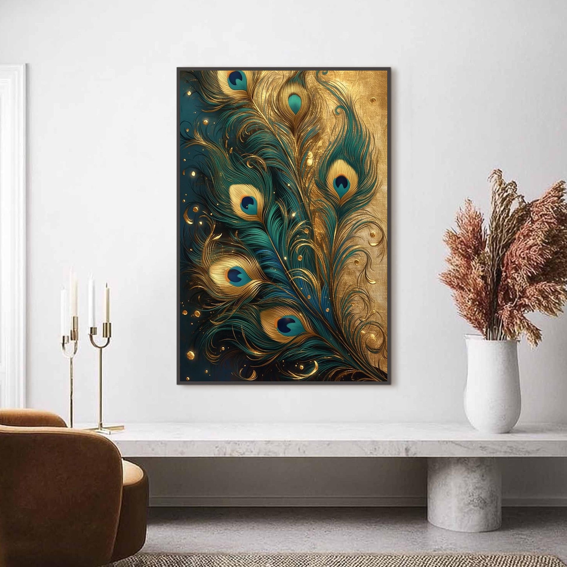 Peacock Feather Painting, Gold Teal Metallic Wall Art, Luxe Boho Decor – Teal and Gold Bird Animal Wall Art | Boho Painting, 
