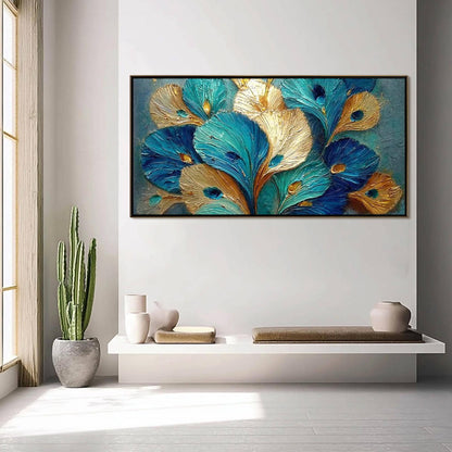 Teal and Gold Impasto Bird Animal Wall Art – Teal Gold Peacock Feather