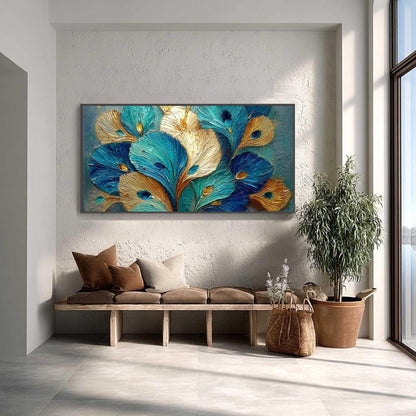 Teal and Gold Impasto Bird Animal Wall Art – Teal Gold Peacock Feather