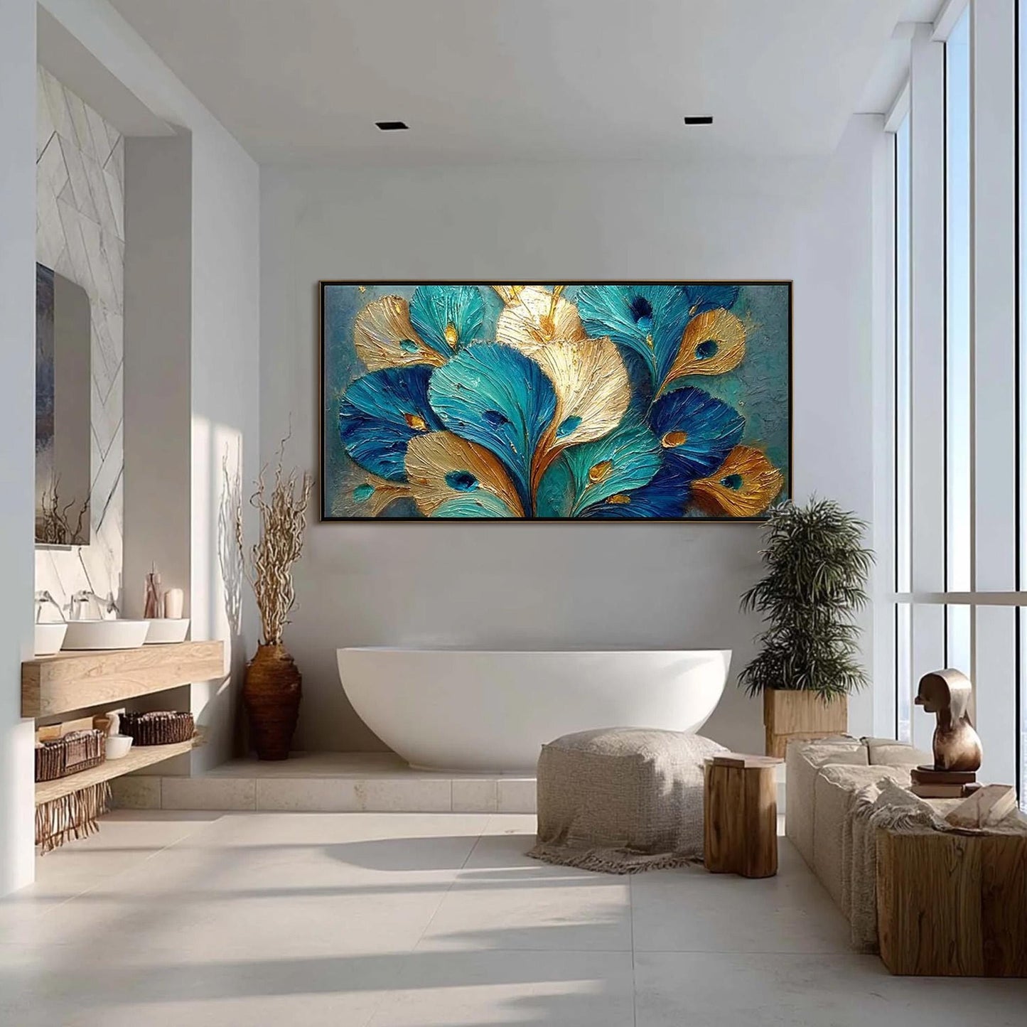 Teal and Gold Impasto Bird Animal Wall Art – Teal Gold Peacock Feather