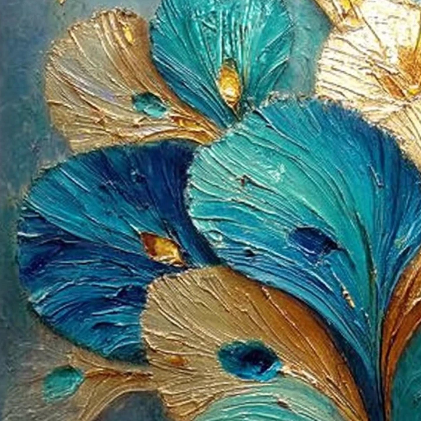 Teal and Gold Impasto Bird Animal Wall Art – Teal Gold Peacock Feather