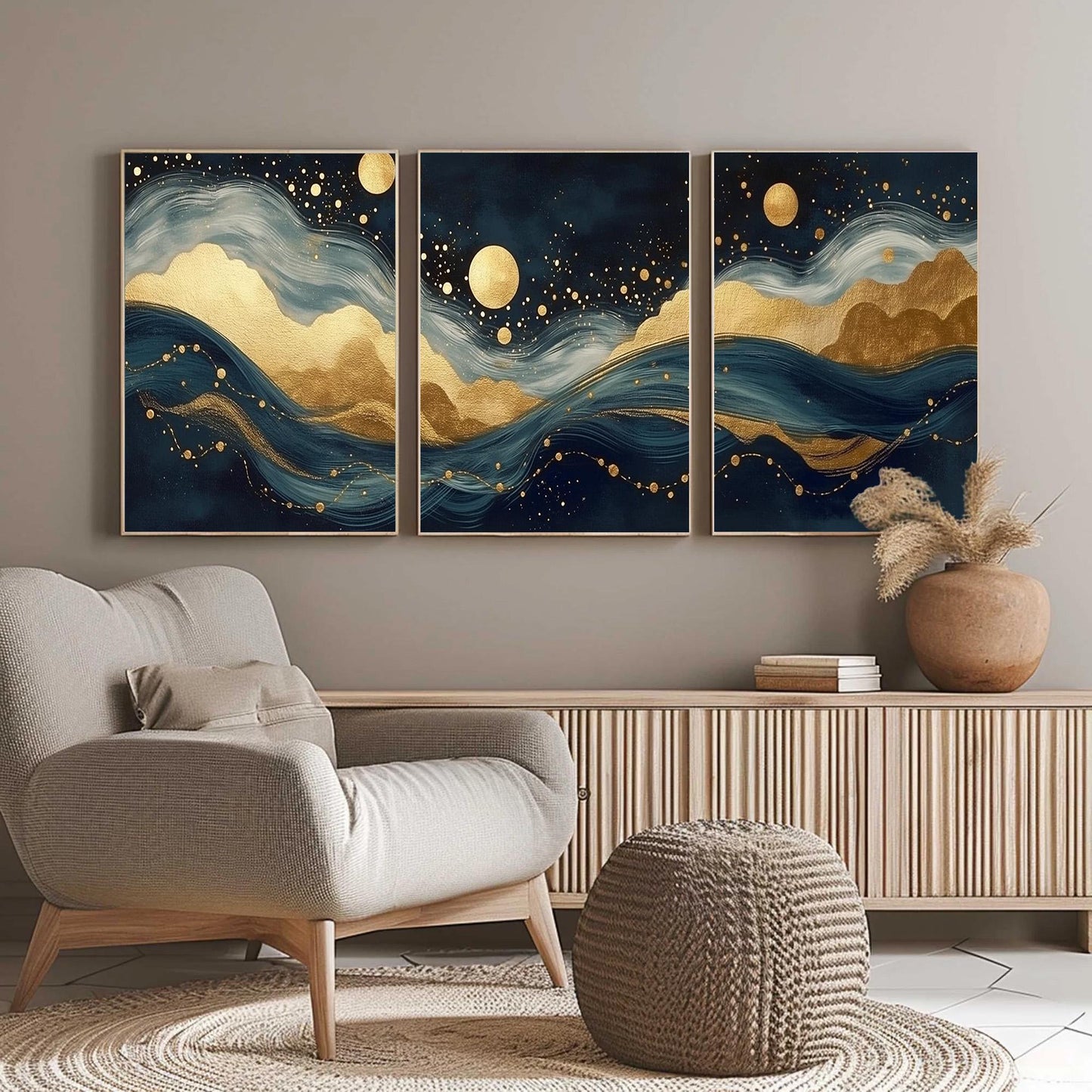 Navy and Teal Coastal Moon Abstract Wall Art – Navy Gold Foil