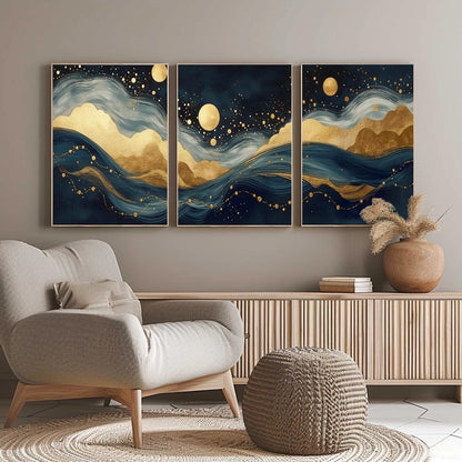 Navy and Teal Coastal Moon Abstract Wall Art – Navy Gold Foil