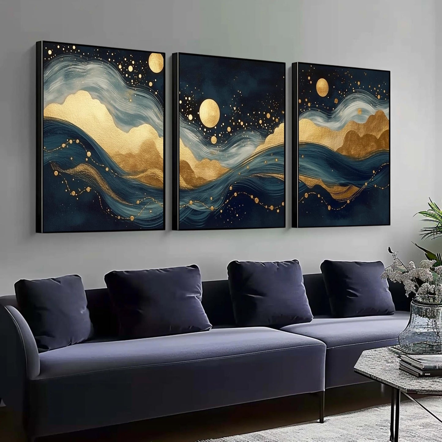 Navy Gold Foil – Navy and Teal Moon Abstract Wall Art | Painting, view 3