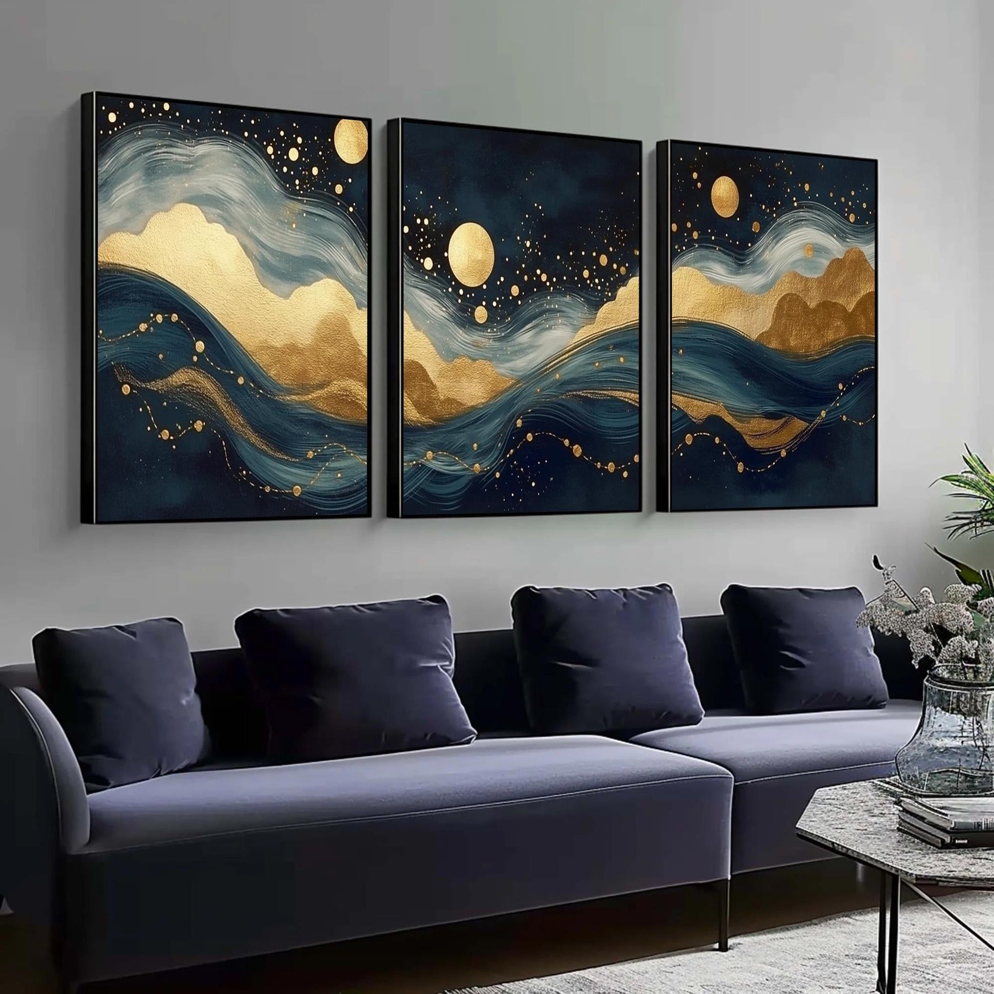 Navy Gold Foil – Navy and Teal Moon Abstract Wall Art | Painting, view 3
