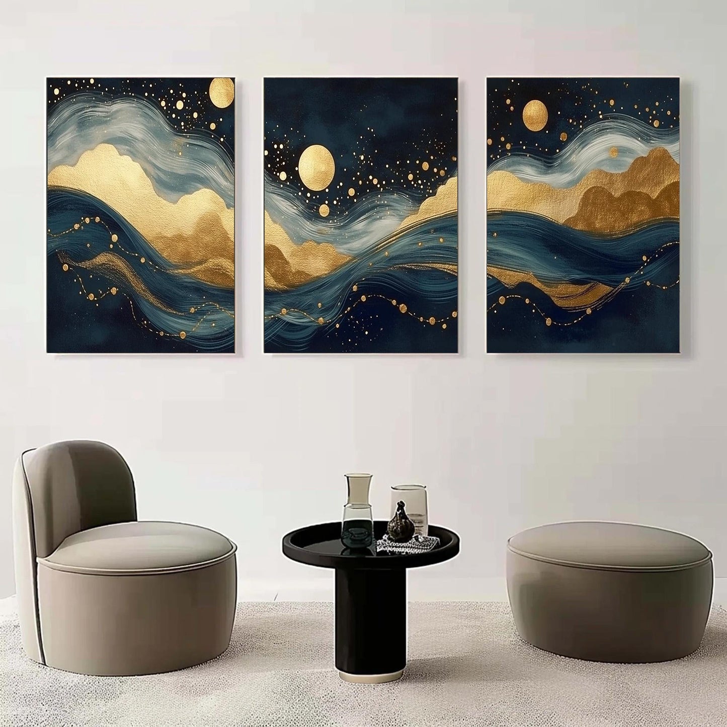 Navy and Teal Coastal Moon Abstract Wall Art – Navy Gold Foil