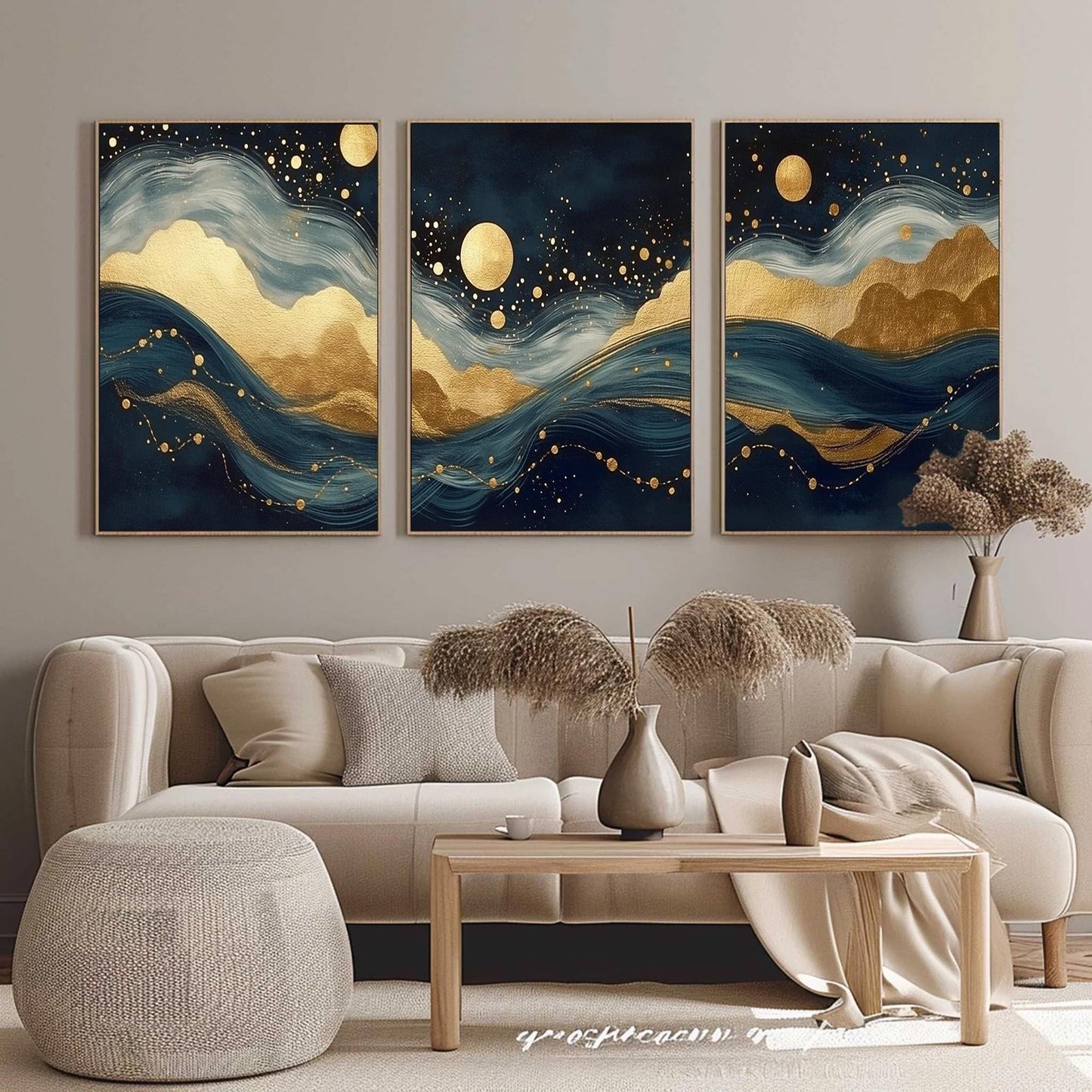 Navy and Teal Coastal Moon Abstract Wall Art – Navy Gold Foil