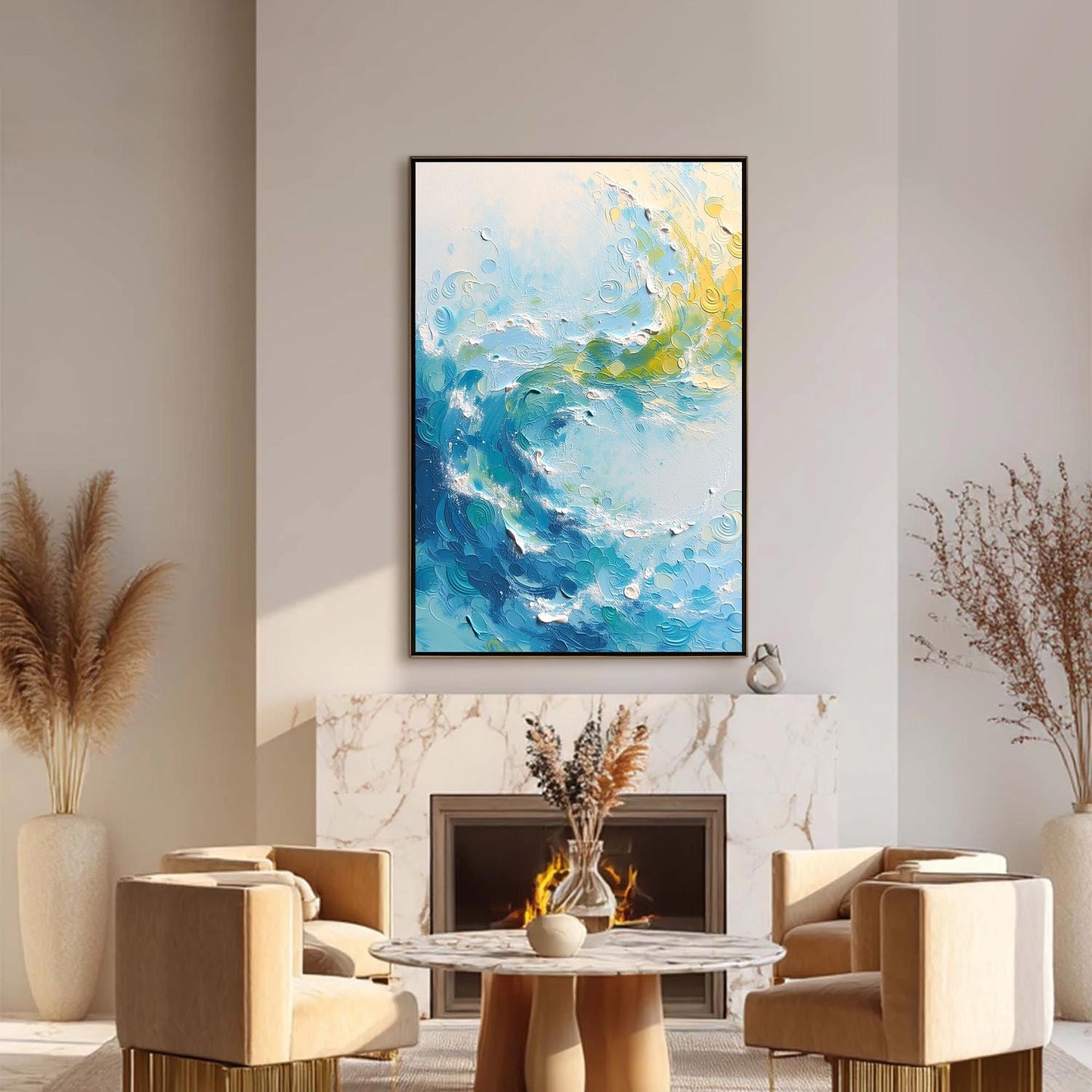 Yellow Impasto Ocean Wave Seascape Wall Art – Textured Surf Painting