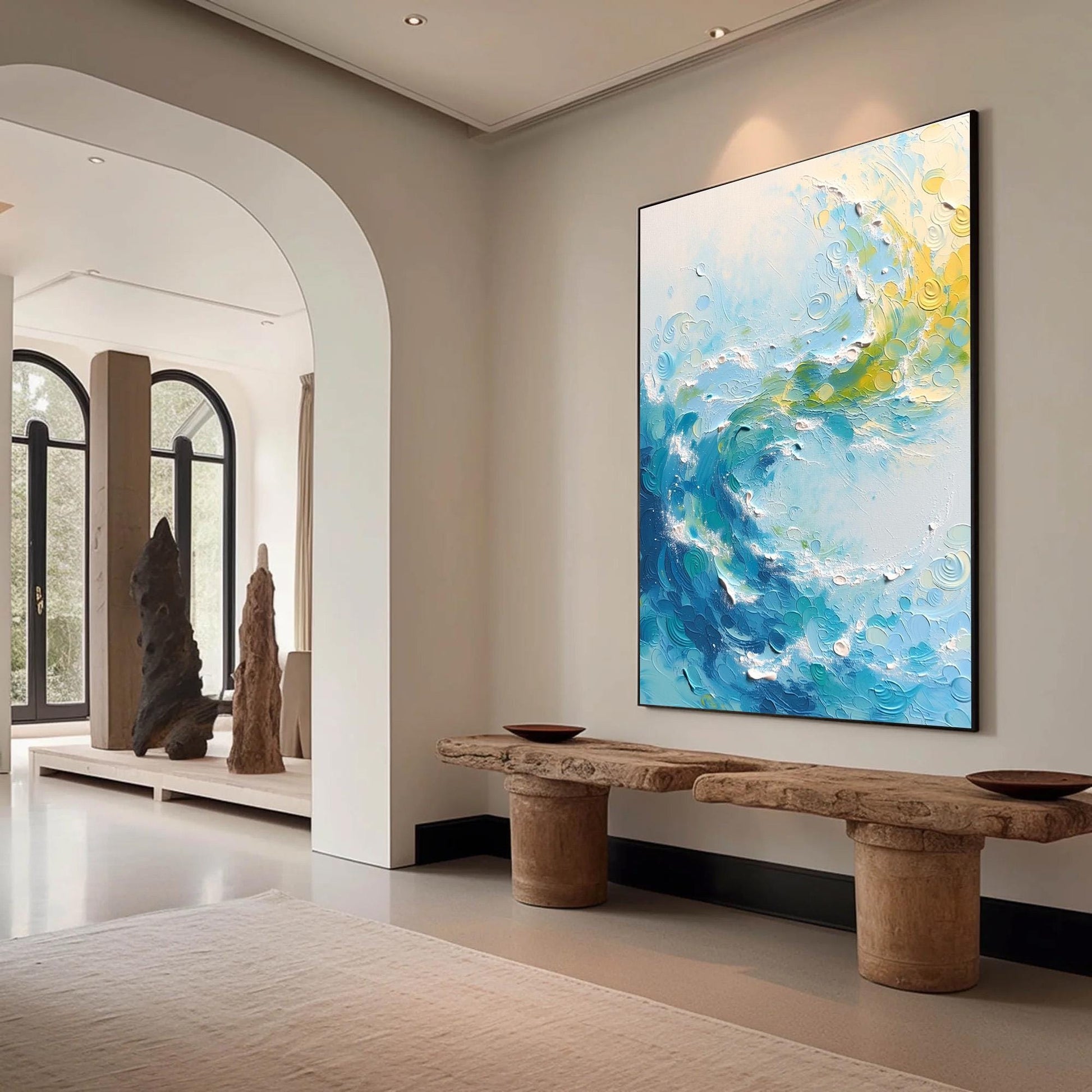 Textured Ocean Wave Painting, Impasto Surf Seascape Art, Coastal Home Decor – Yellow Ocean Wave Seascape Wall Art | Impasto P