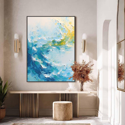 Yellow Impasto Ocean Wave Seascape Wall Art – Textured Surf Painting