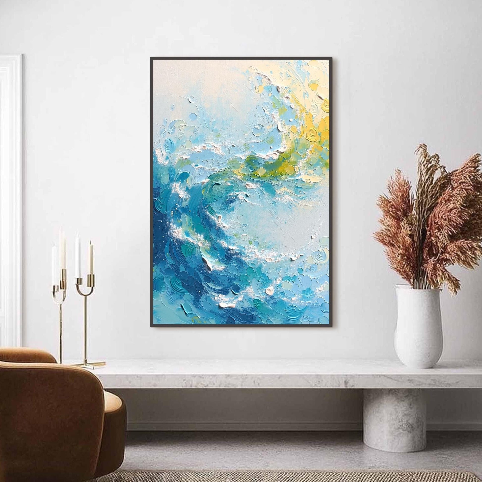 Textured Ocean Wave Painting, Impasto Surf Seascape Art, Coastal Home Decor – Yellow Ocean Wave Seascape Wall Art | Impasto P