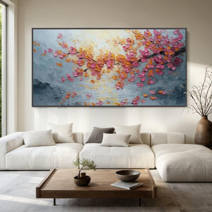 Textured Pink Cherry Blossom Palette Knife Painting, Gold Spring Floral Wall Decor – Colorful Cherry Blossom Floral Wall Art 