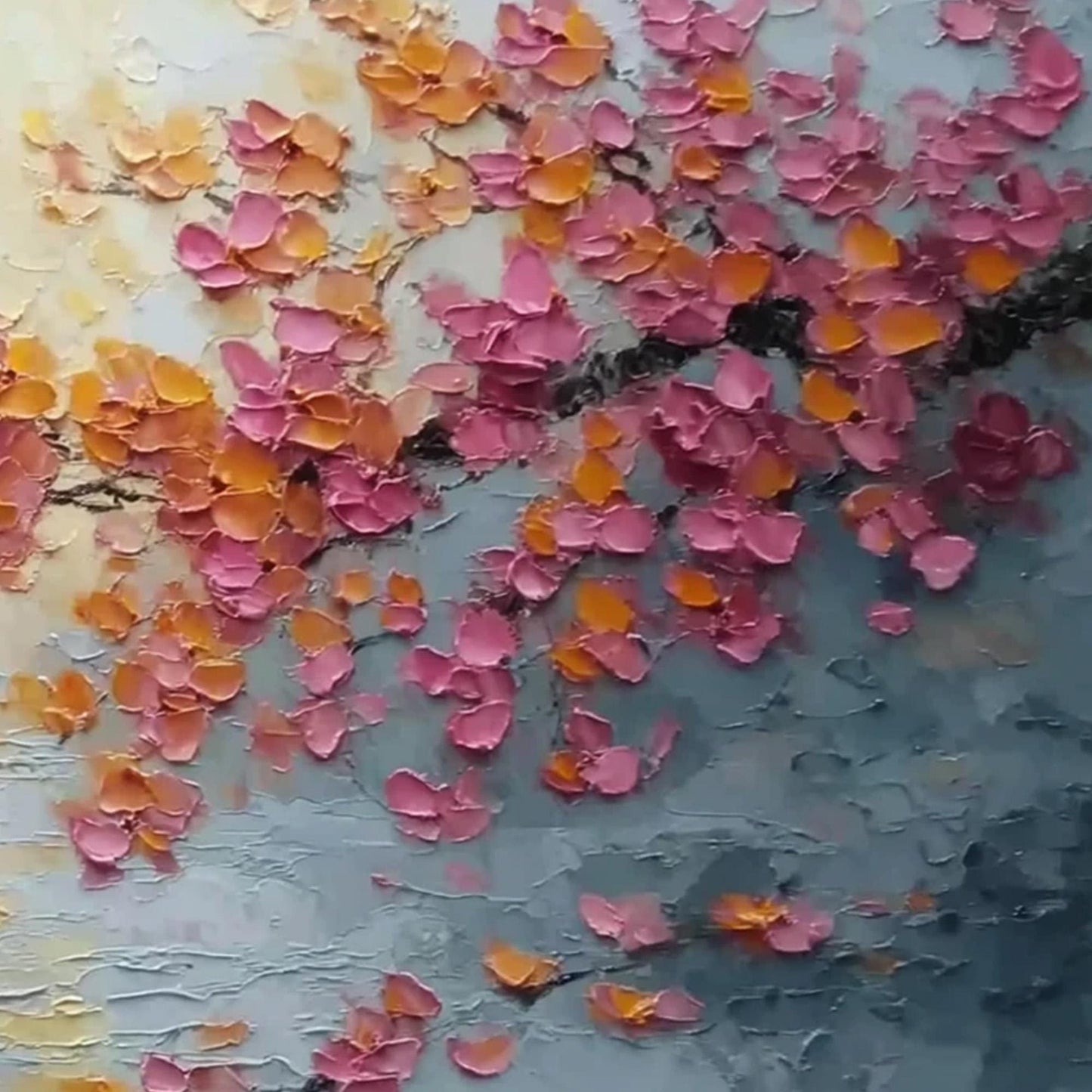 Textured Pink Cherry Blossom Palette Knife Painting – Gold Spring Floral Wall Art