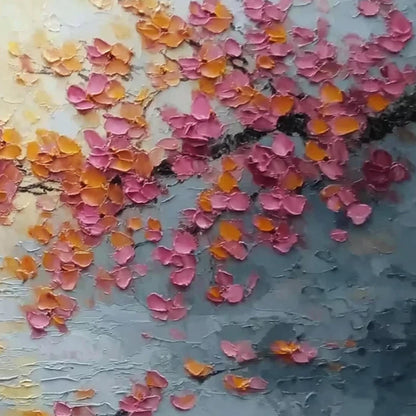 Textured Pink Cherry Blossom Palette Knife Painting – Gold Spring Floral Wall Art