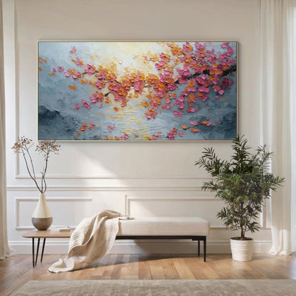 Textured Pink Cherry Blossom Palette Knife Painting – Gold Spring Floral Wall Art