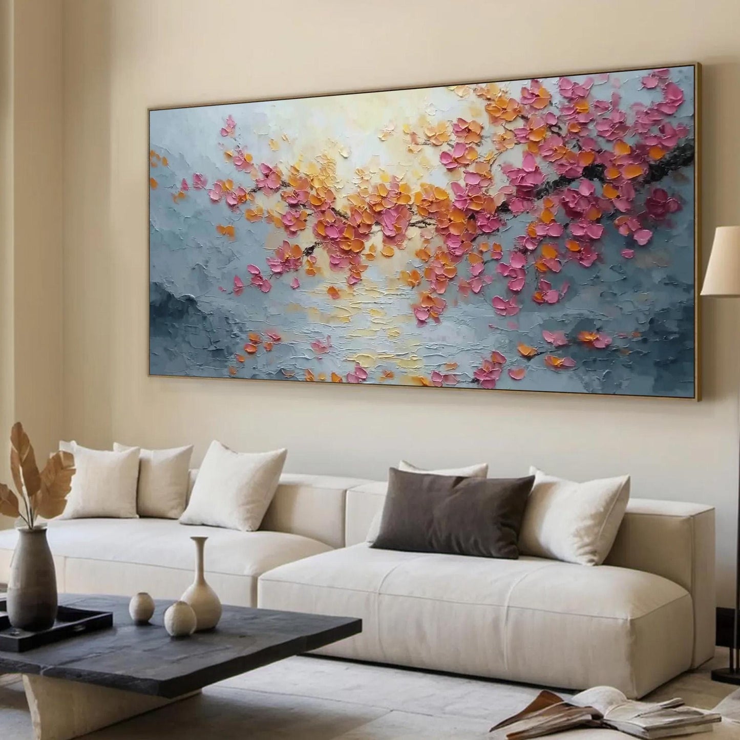 Textured Pink Cherry Blossom Palette Knife Painting, Gold Spring Floral Wall Decor – Colorful Cherry Blossom Floral Wall Art 