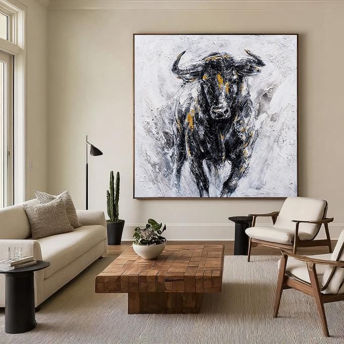 Abstract Bull Canvas Wall Art – Large Texture Animal Painting – Abstract Animal Art