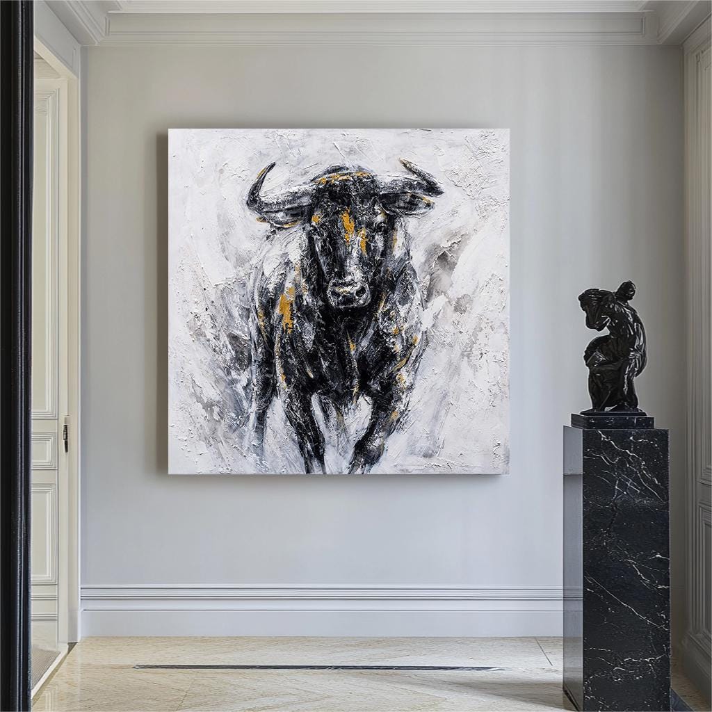 Abstract Bull Canvas Wall Art – Large Texture Animal Painting – Abstract Animal Art