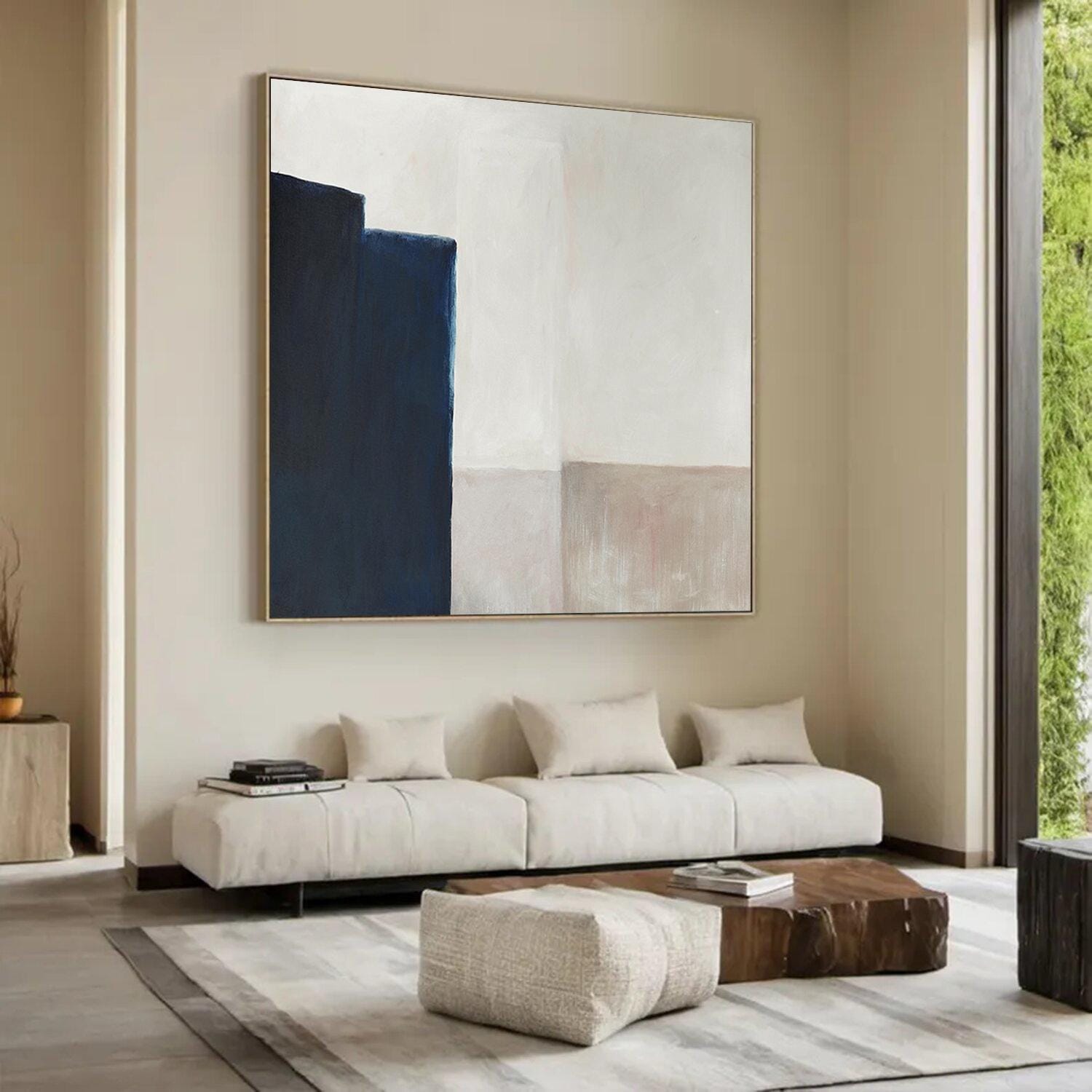 Minimalist Navy Blue Abstract Painting – Beige and Cream Geometric Wall Art